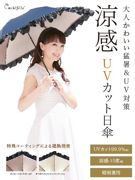 写真：【販売終了】mikifille 白川みきのおリボンUVカット涼感折りたたみ日傘